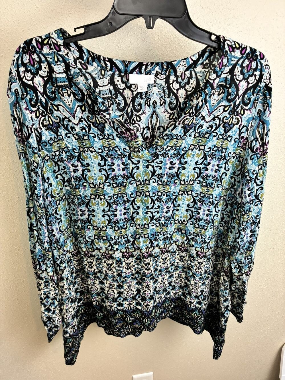 J Jill Shirt Womens Petite- Large Blue Printed V Neck Long Sleeve Tunic Top Boho